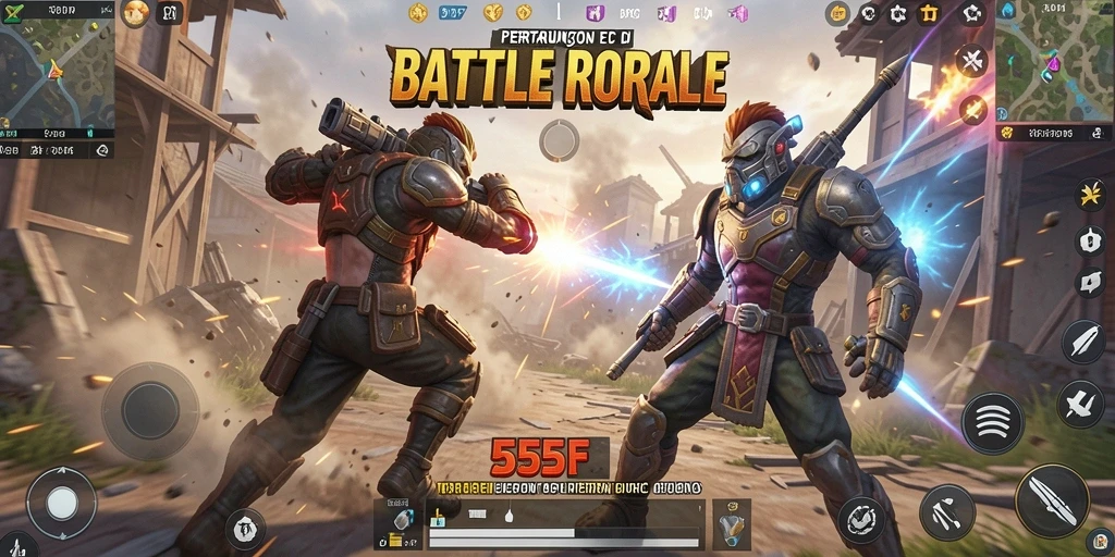 Screenshot utama 555F menampilkan aksi pertarungan Battle Royale yang intens.
