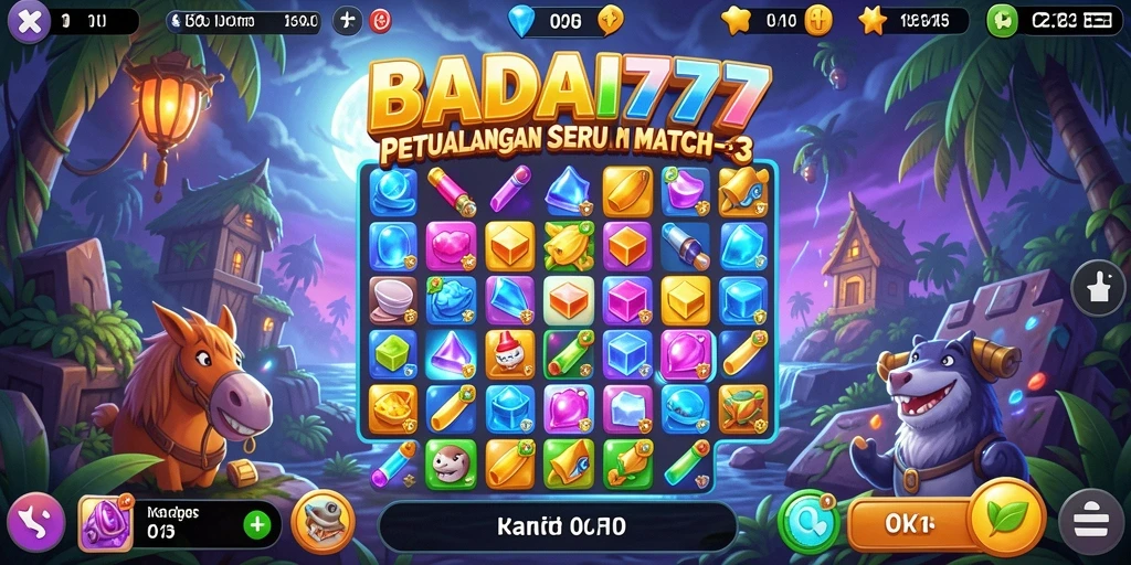 Tampilan Gameplay BADAI777 dengan kombinasi objek berwarna-warni.
