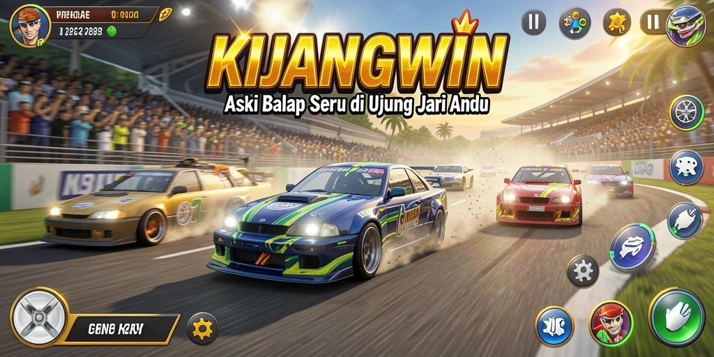 Screenshot KIJANGWIN menampilkan aksi balap yang mendebarkan dan kendaraan bertenaga.