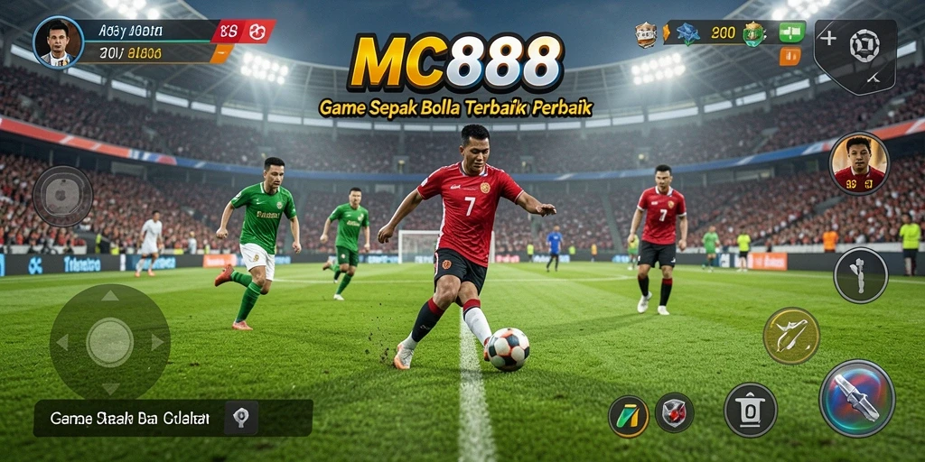 Screenshot gameplay MC888 menunjukkan aksi sepak bola yang mendebarkan.