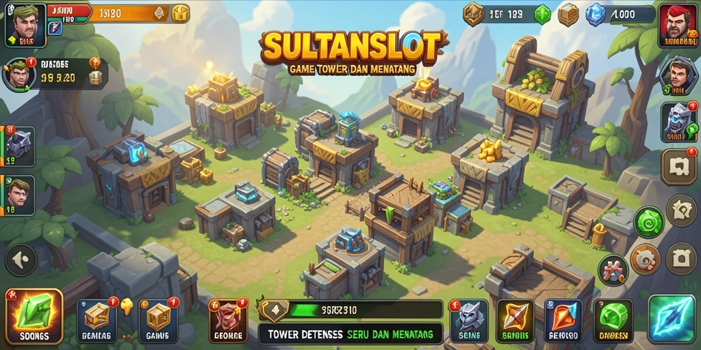 Tangkapan layar gameplay SULTANSLOT yang mendebarkan dengan menara dan musuh.